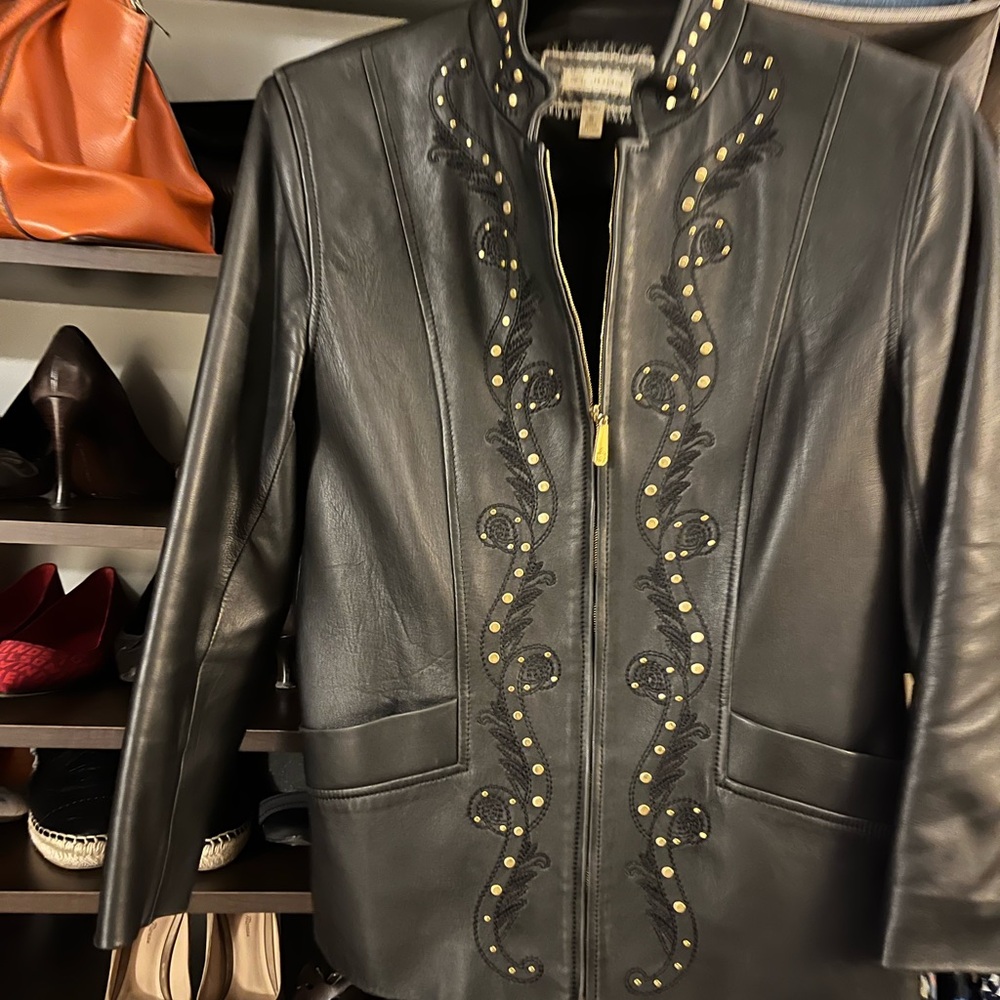 St. John Black and Gold Leather Jacket with Embellished Trim